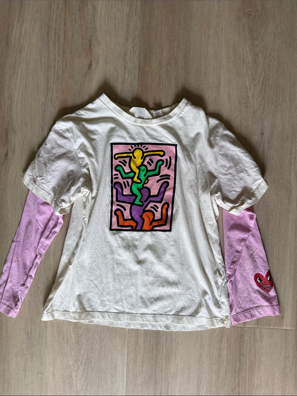 H&M White Graphic Layered Look Long-Sleeve Tee with Pink Sleeves
